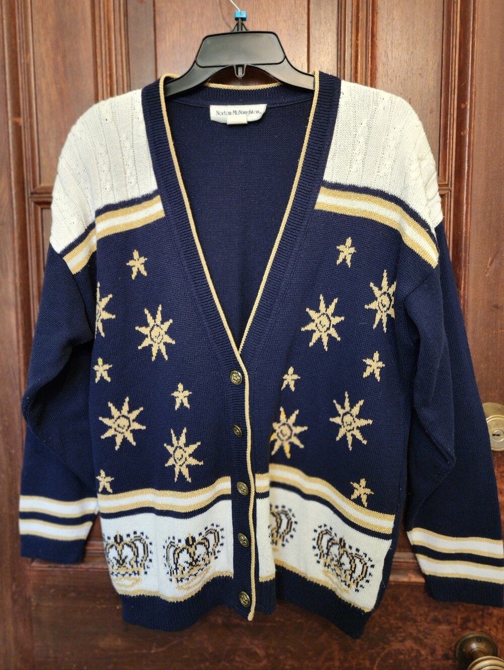 Vintage Norton McNaughton Celestial Star & Crown Knit Cardigan-Navy-Medium